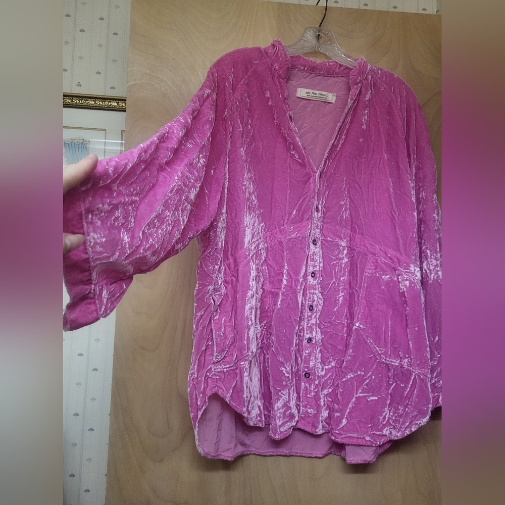 Free People Pink Velvet Button Down Summer Daydream Tunic Top Sz S - Picture 3 of 7